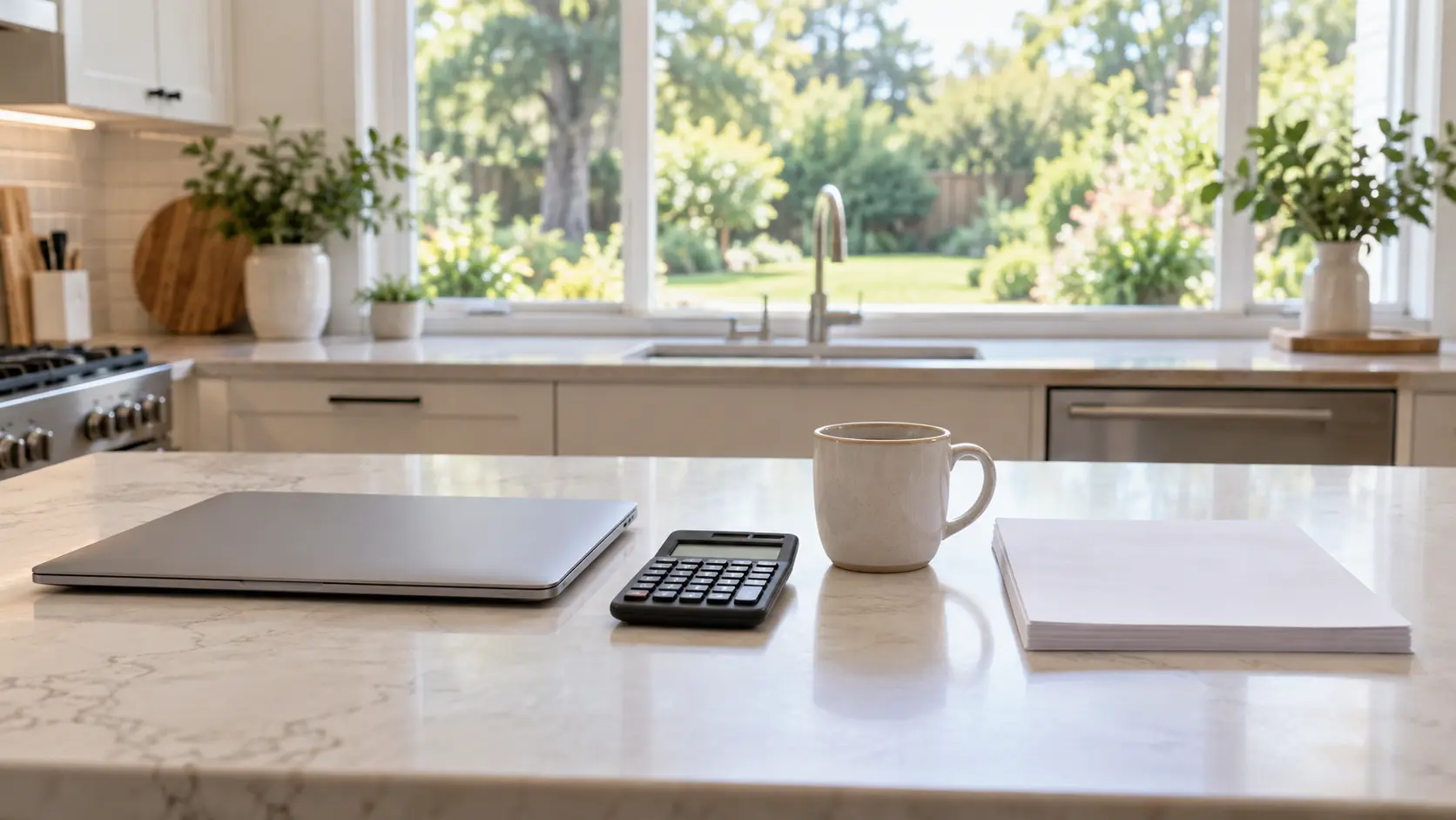 Laptop, calculator, coffee mug and notepad on a bright kitchen island