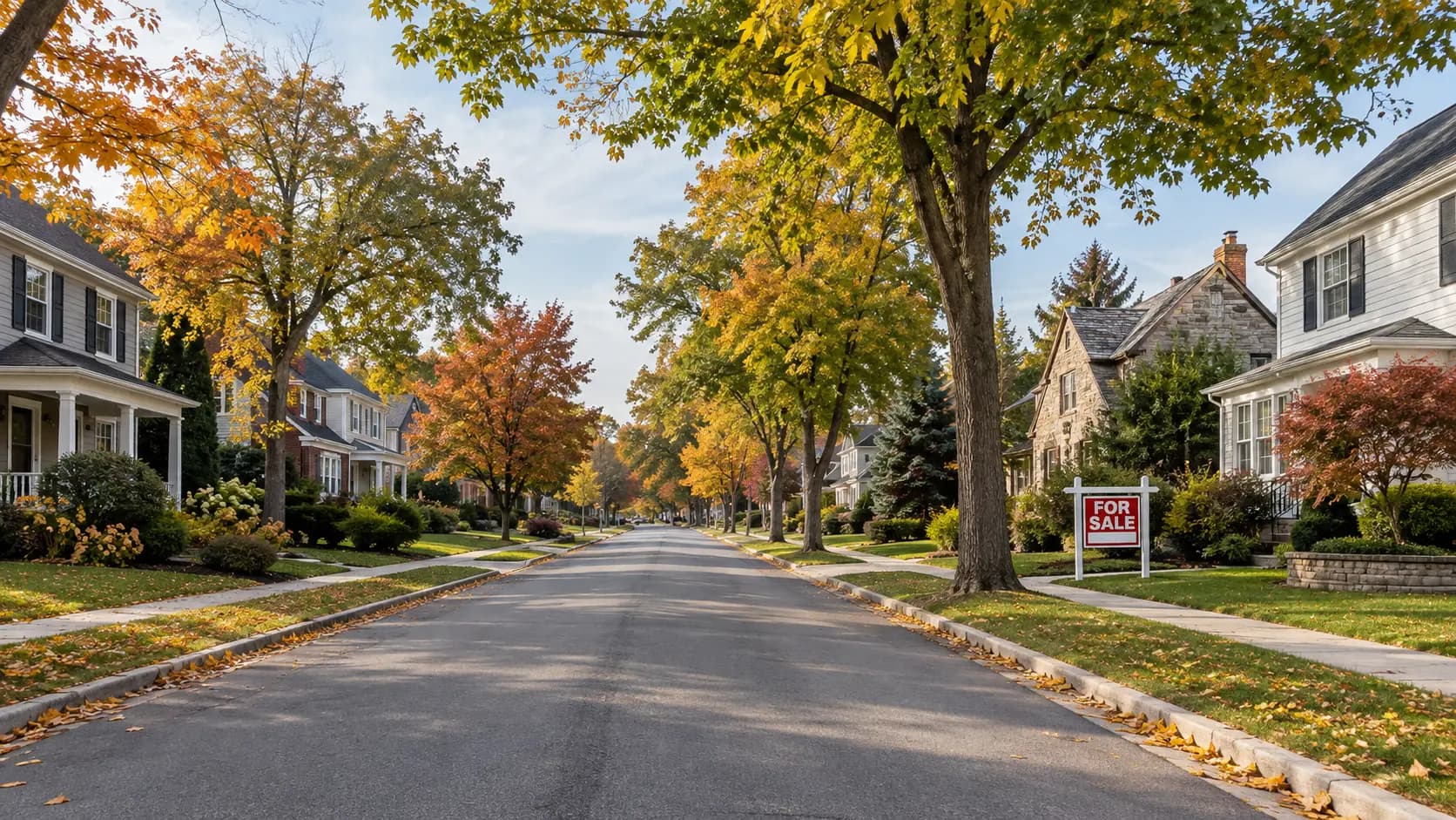 Tree-lined suburban street in early autumn with a for-sale sign in one yard