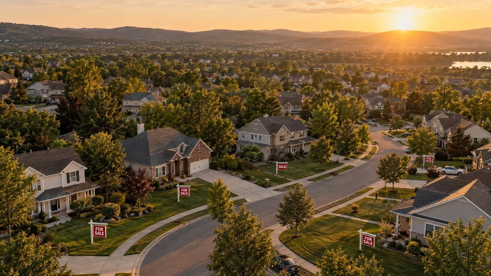 Aerial view of a suburb at sunset with for-sale signs in several front yards