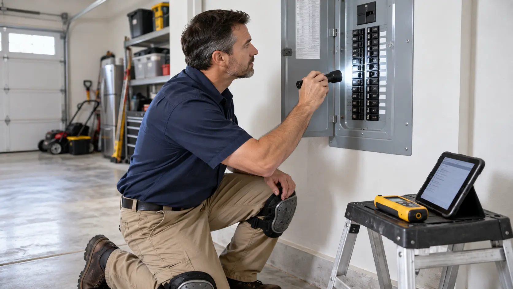 A home inspector checks an electrical panel in a garage with a flashlight