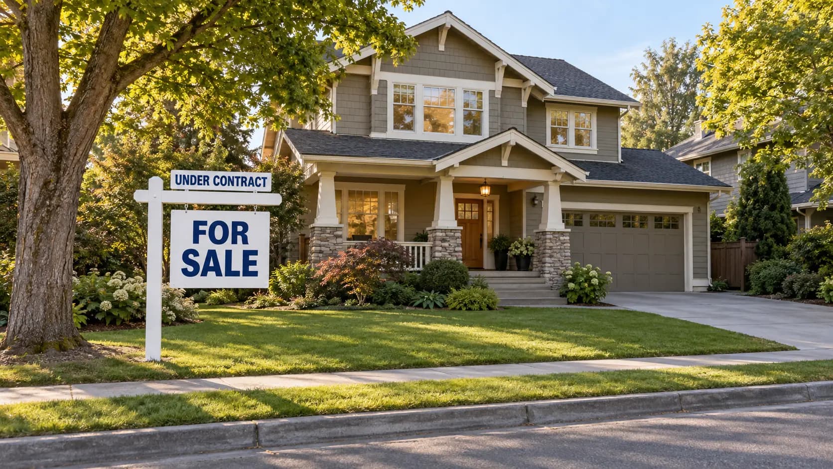 Craftsman home with a for-sale sign topped by an under-contract rider