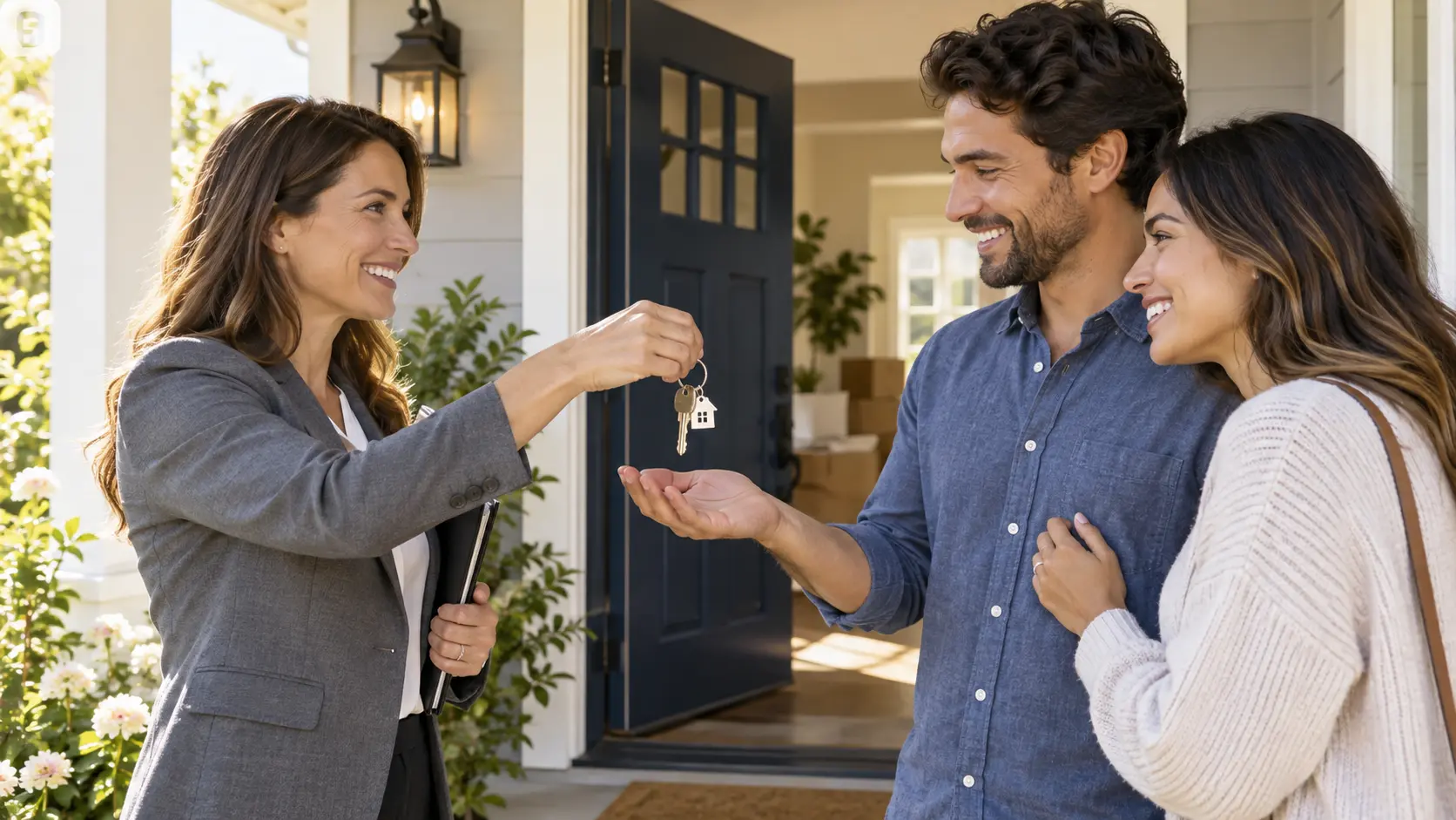 A real estate agent hands house keys to a smiling couple at their new front door