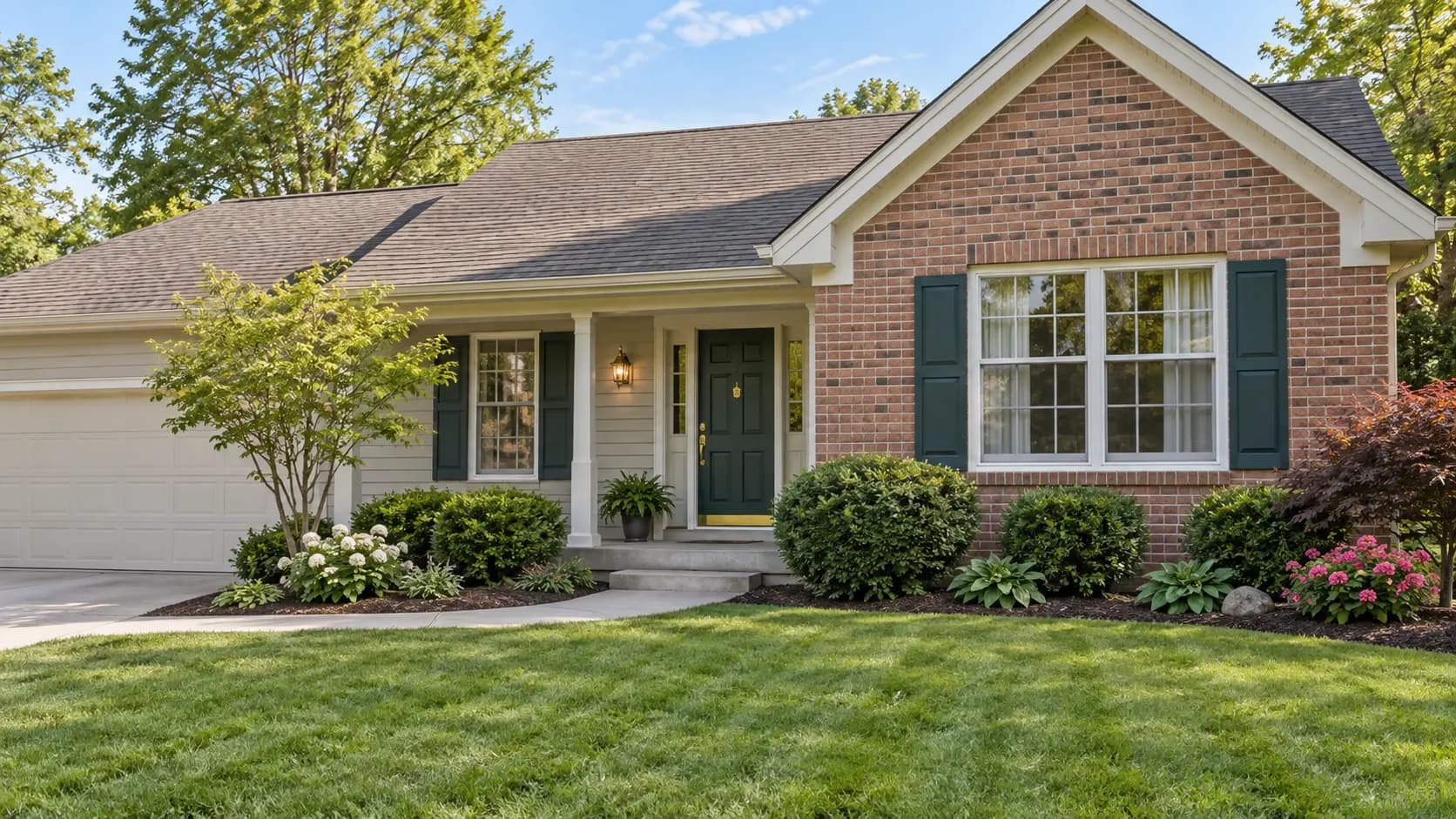 Well-kept brick ranch home with green shutters and a freshly mowed lawn