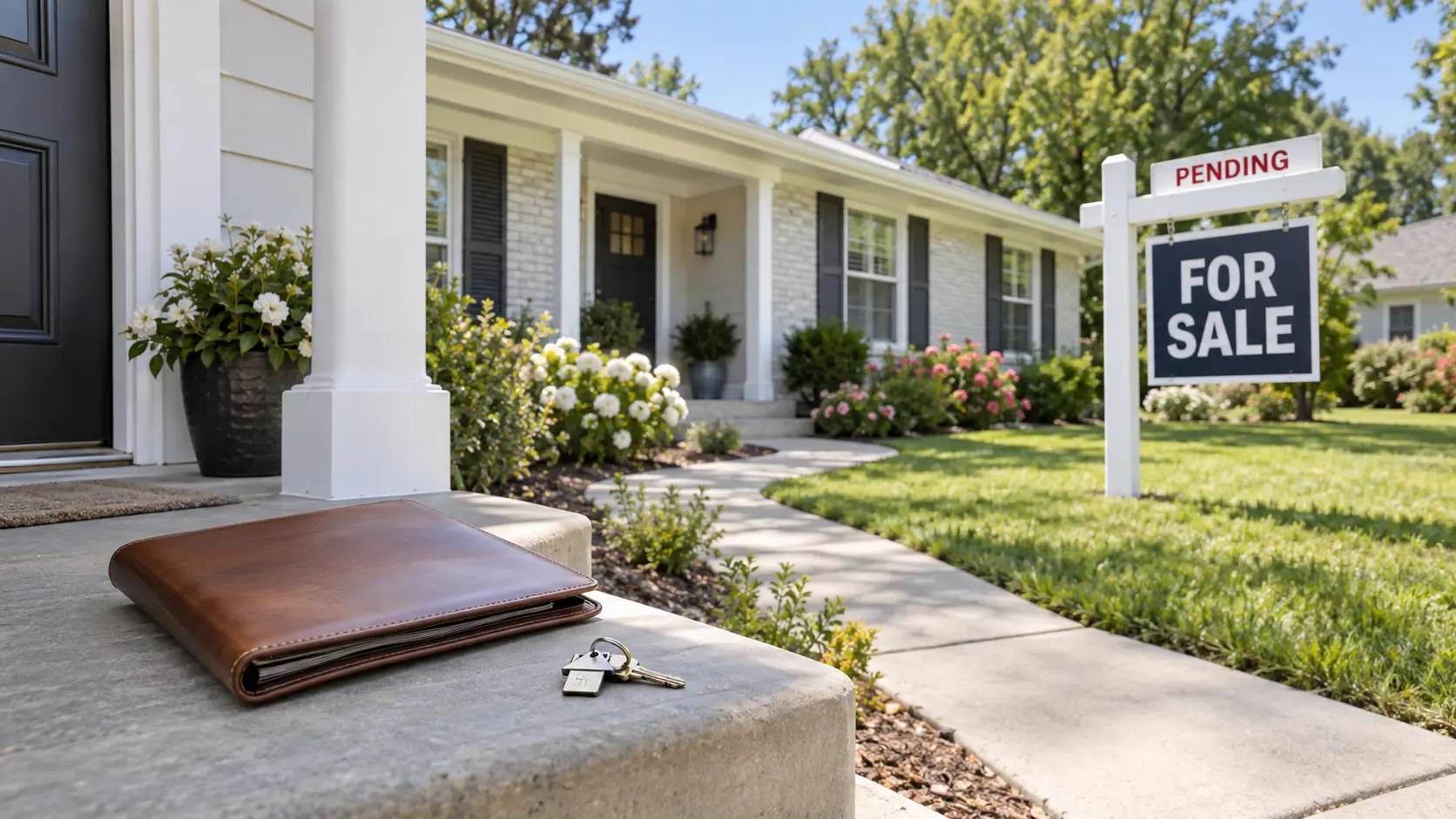 Ranch-style home with a for-sale sign and pending rider, a leather folder and keys on the front step