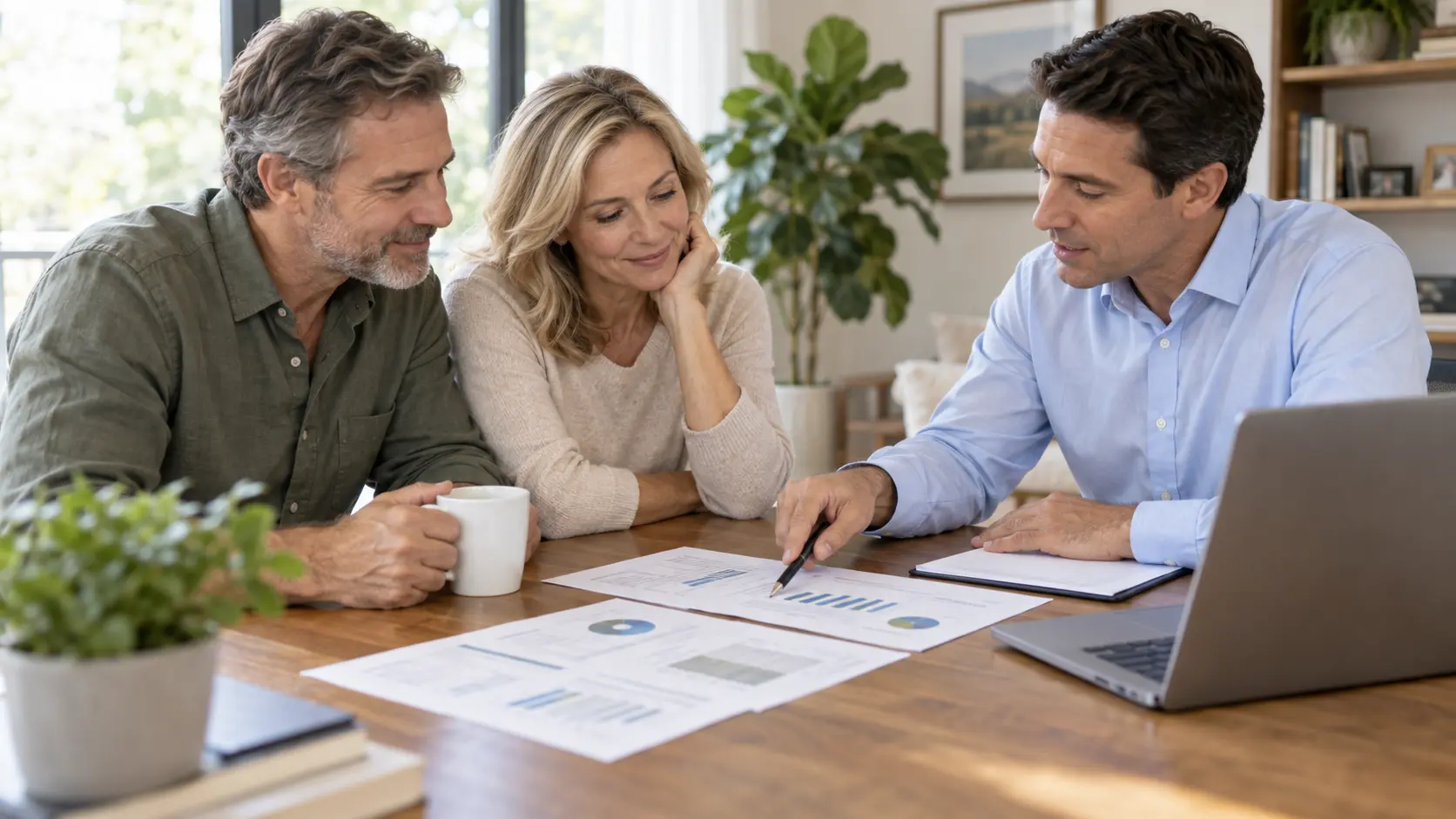 A couple reviews printed charts with a financial advisor at a wooden table