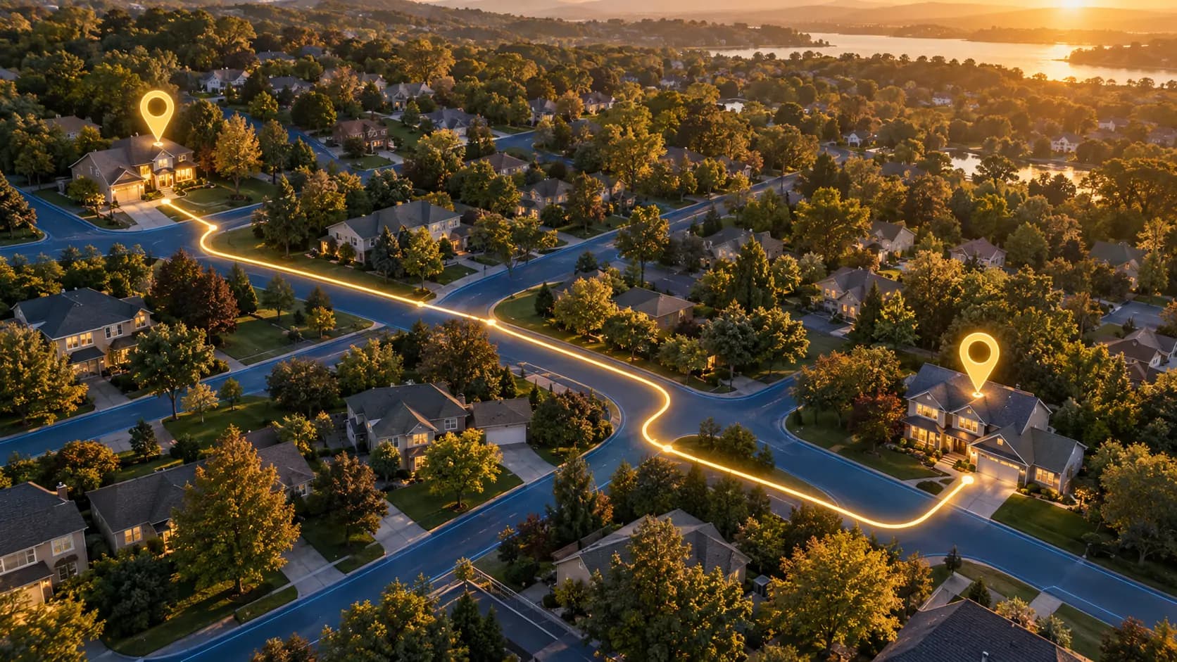 Aerial view of a neighborhood at sunset with a glowing route connecting two homes marked by map pins