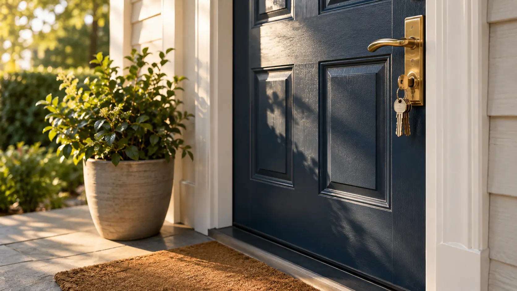 House keys hanging in the lock of a navy front door beside a potted plant