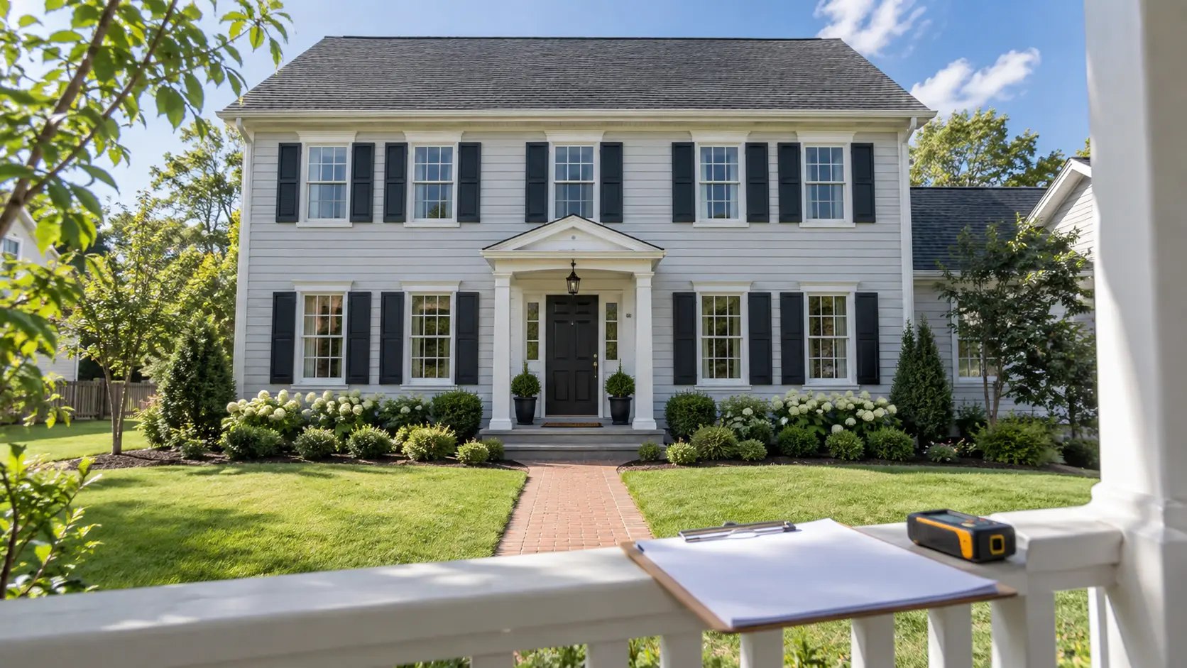 White two-story colonial home with black shutters, seen from a porch with a clipboard and laser measure on the railing
