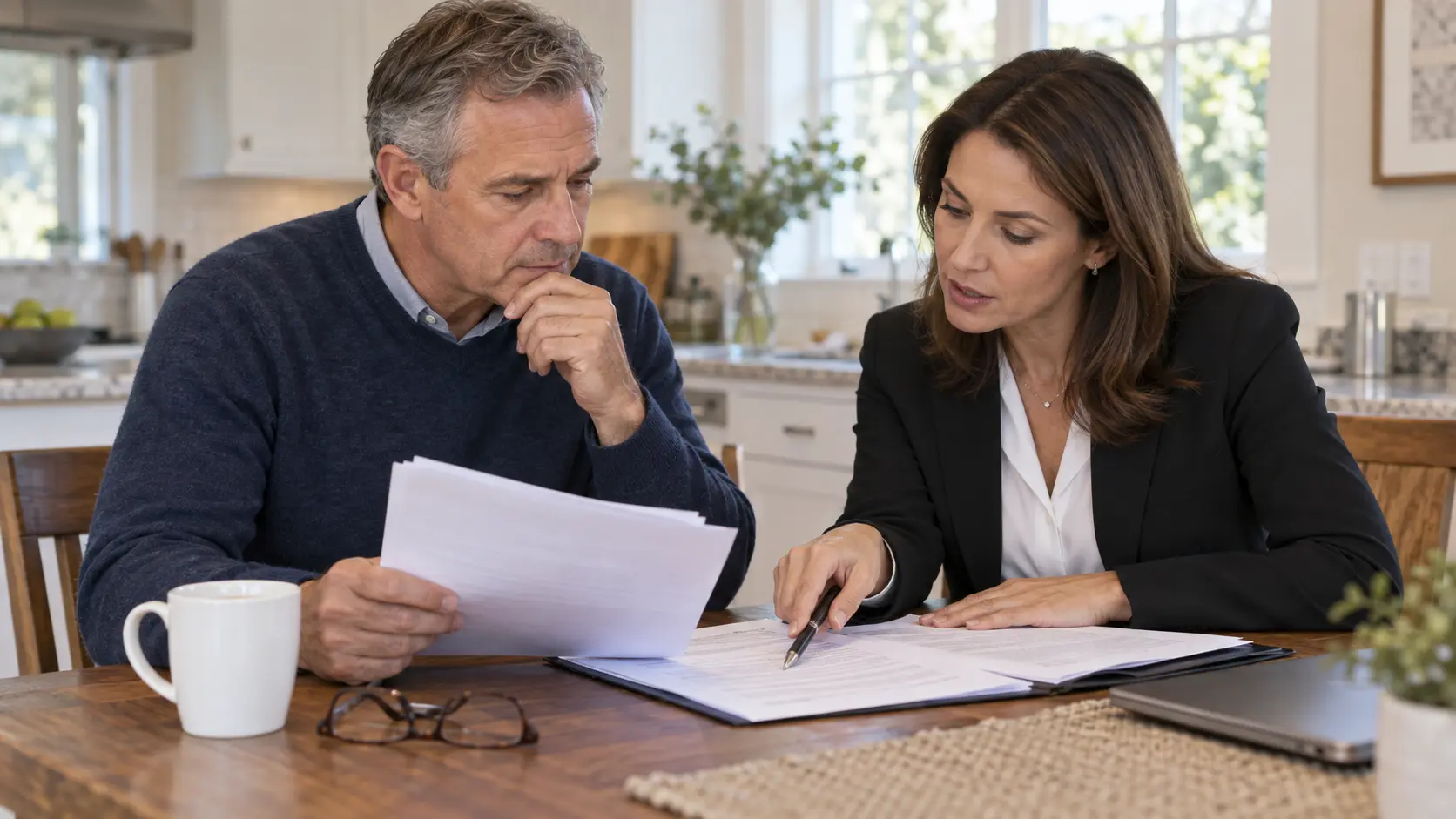 A home seller reads disclosure paperwork with his agent at a kitchen table
