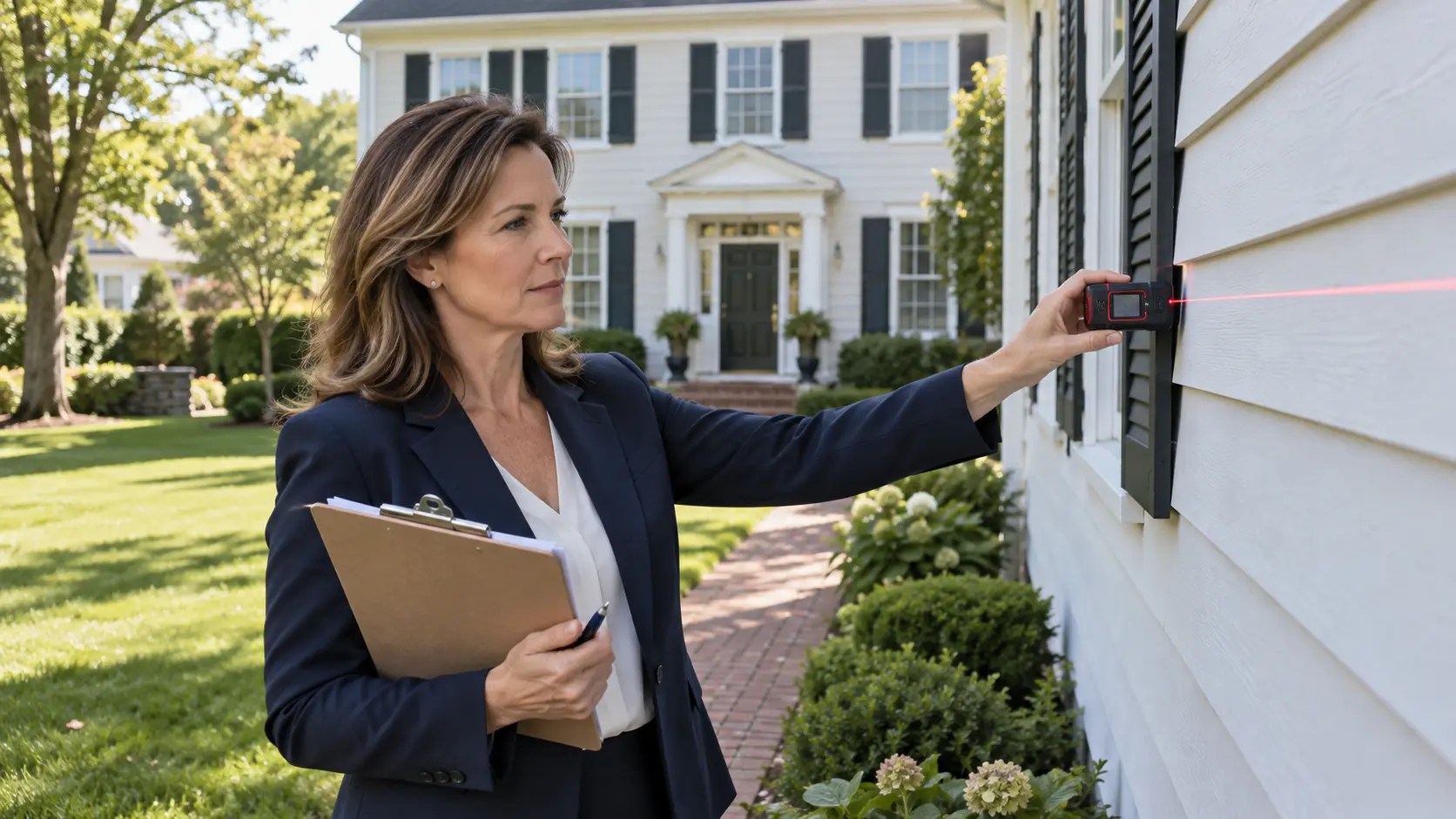 A home appraiser measures the siding of a colonial home with a laser measure