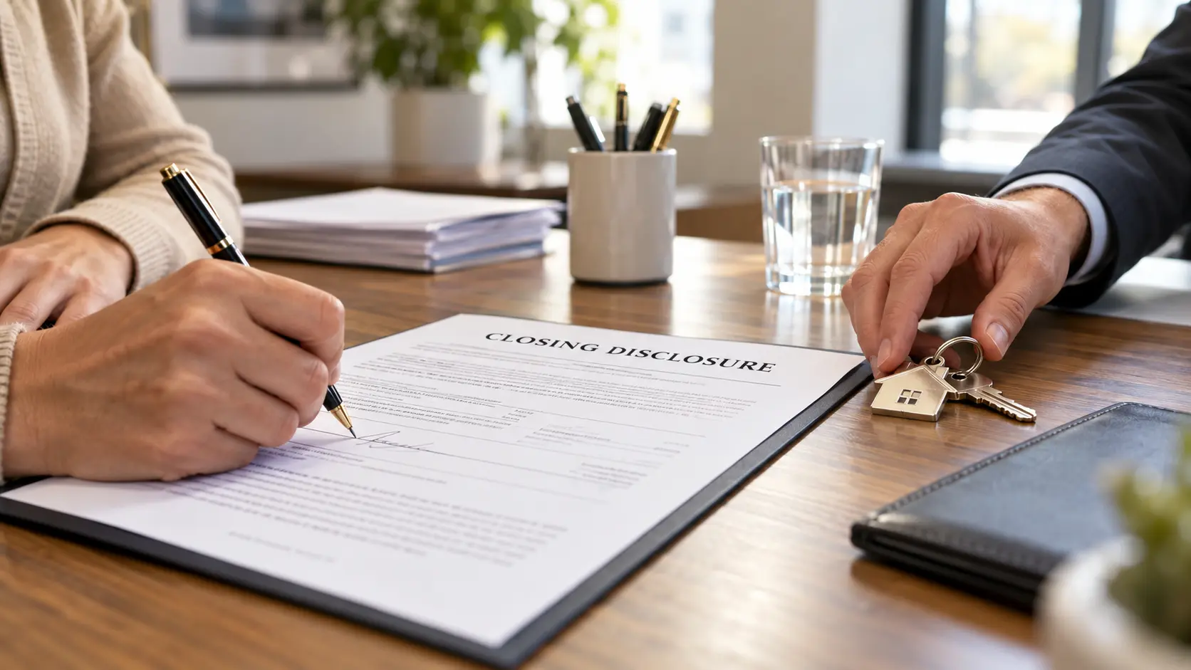A seller signs a closing disclosure while house keys are passed across the table